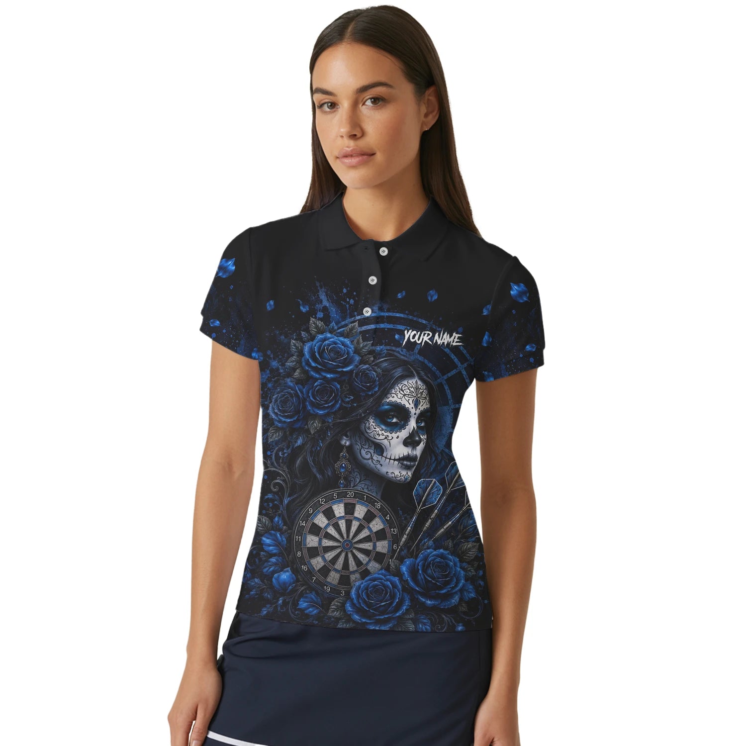 Personalisiertes Schwarz-blaues Sugar-Skull-Rosen-Dartshirt für Damen I884