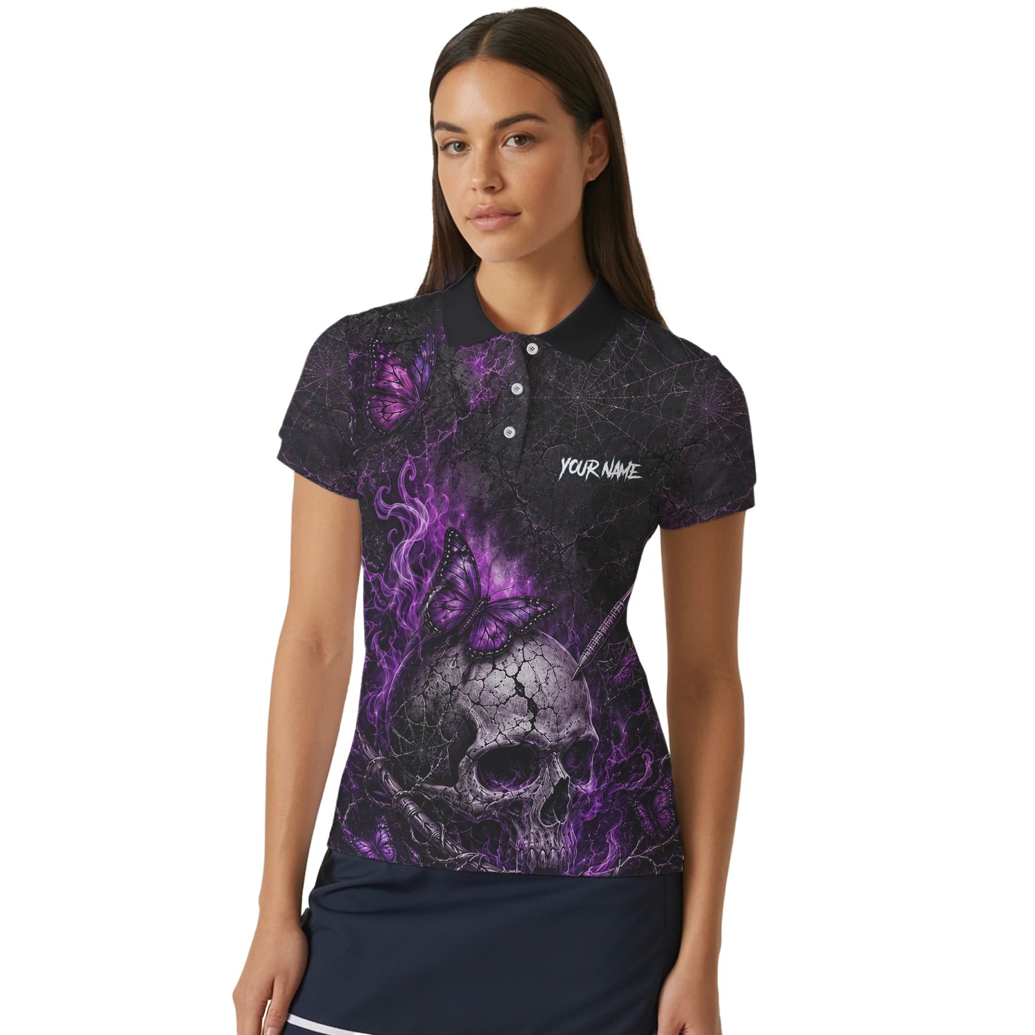 Personalisiertes Schwarz-lila Totenkopf-Schmetterling-Dartshirt für Damen Q241
