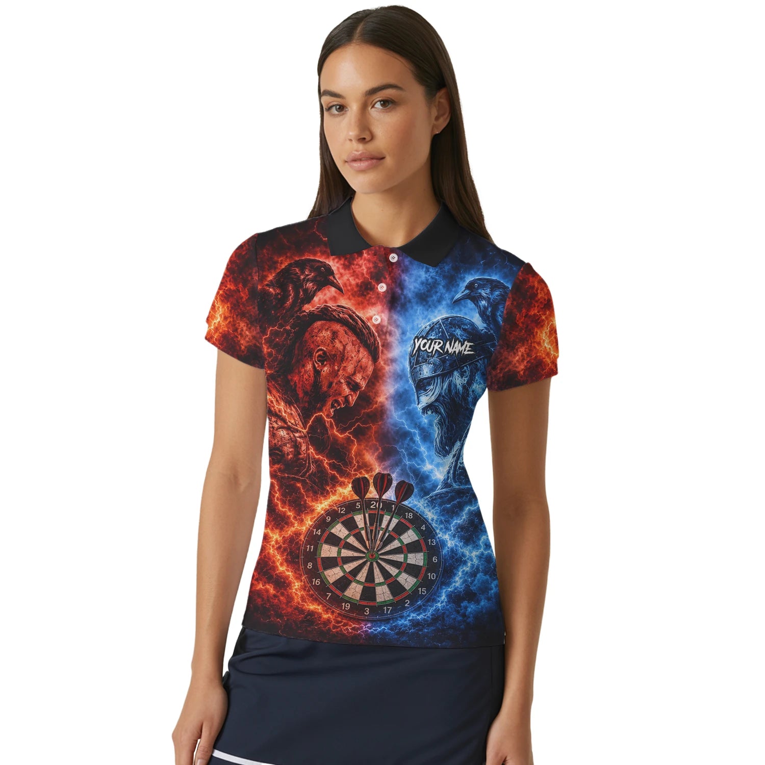 Personalisiertes Rot-blaues Wikinger-Dartshirt für Damen I920