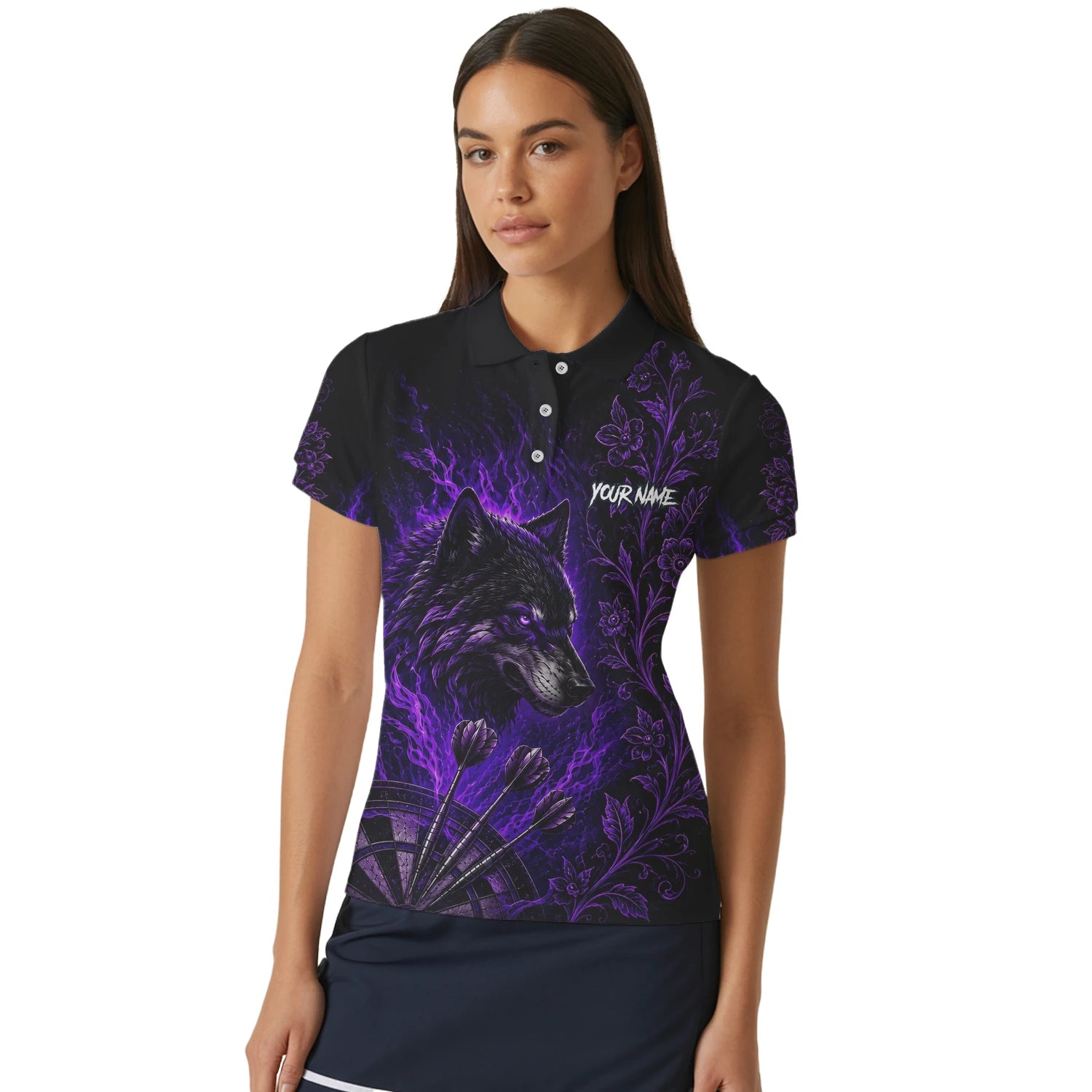 Personalisiertes Schwarz-lila Wolf-Dartboard Dartshirt für Damen J133