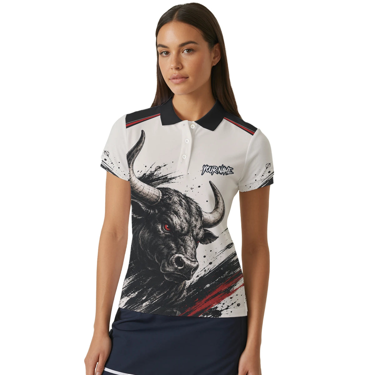 Personalisiertes Dartshirt mit weiß-schwarz-rotem Bullen für Damen H473