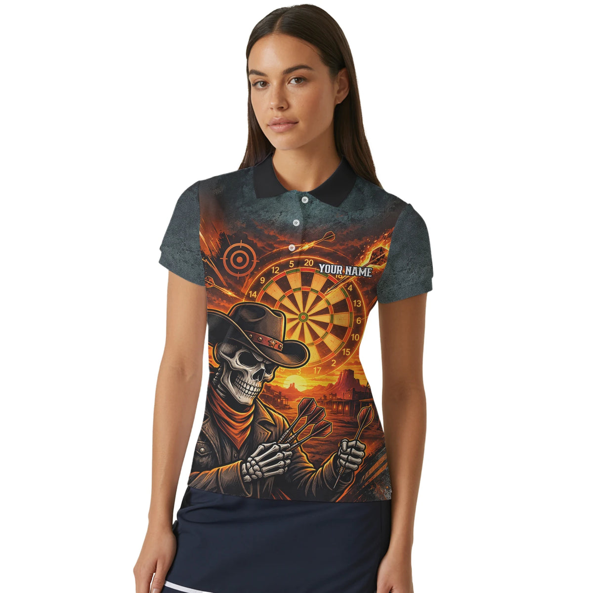 Personalisiertes Dartshirt in Schwarz und Orange mit Western-Cowboy-Totenkopf und Dartscheibe für Damen L8691
