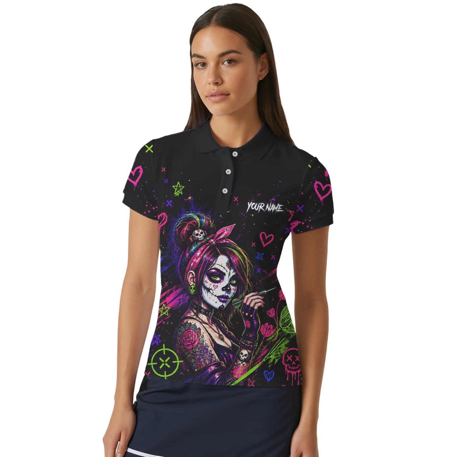 Personalisiertes Schwarz-neonfarbenes Sugar-Skull-Frauen-Dartshirt für Damen K745