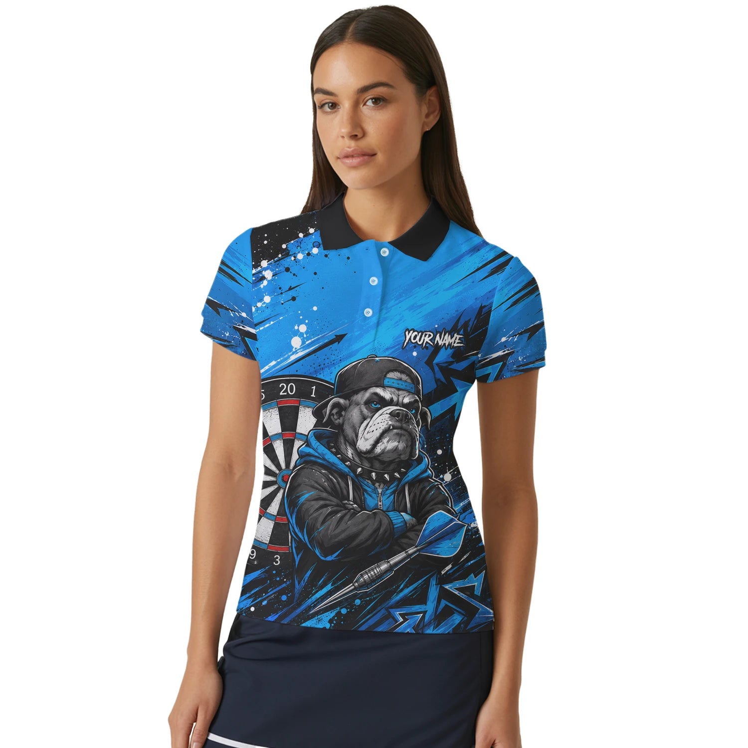 Personalisiertes Blau-schwarzes Bulldoggen-Dartshirt für Damen D529