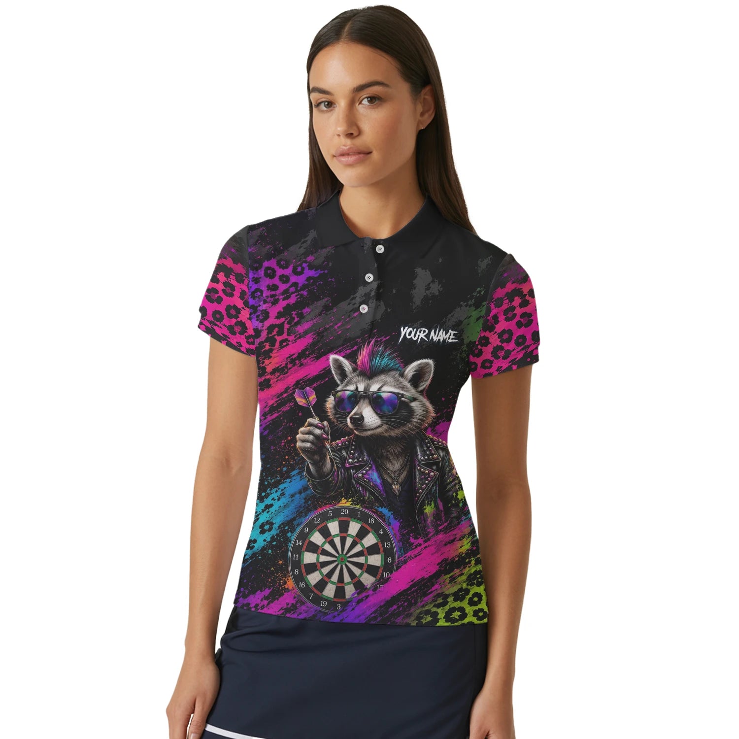 Personalisiertes Schwarz-buntes Punk-Waschbär-Dartboard Dartshirt für Damen E164