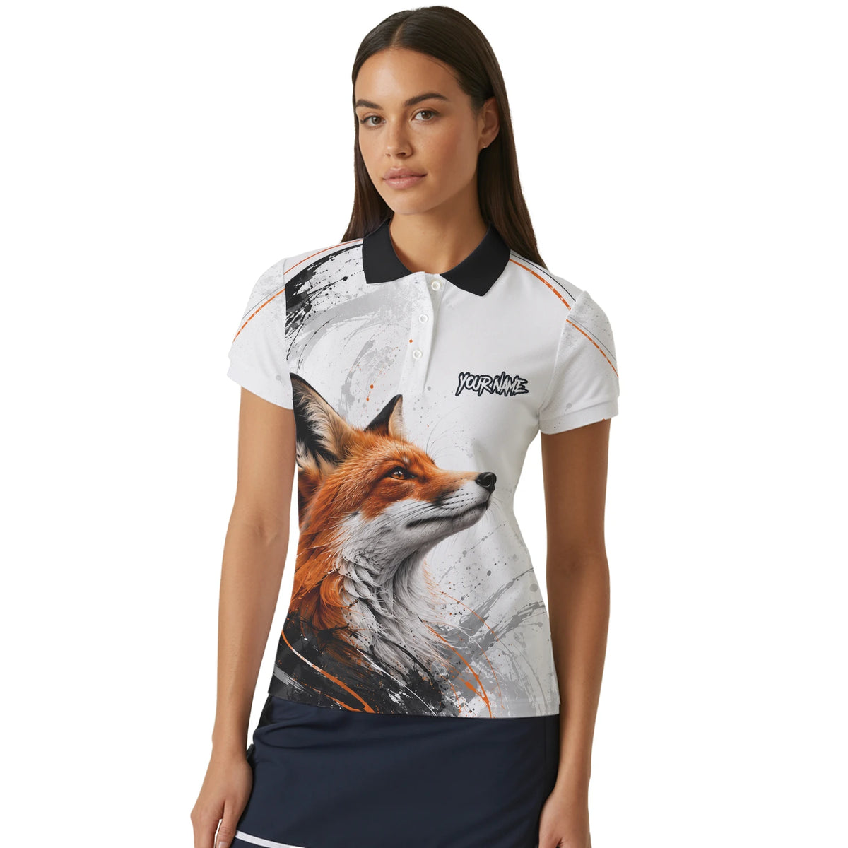 Personalisiertes Dartshirt mit weiß-schwarz-orangenem Fuchs für Damen D228