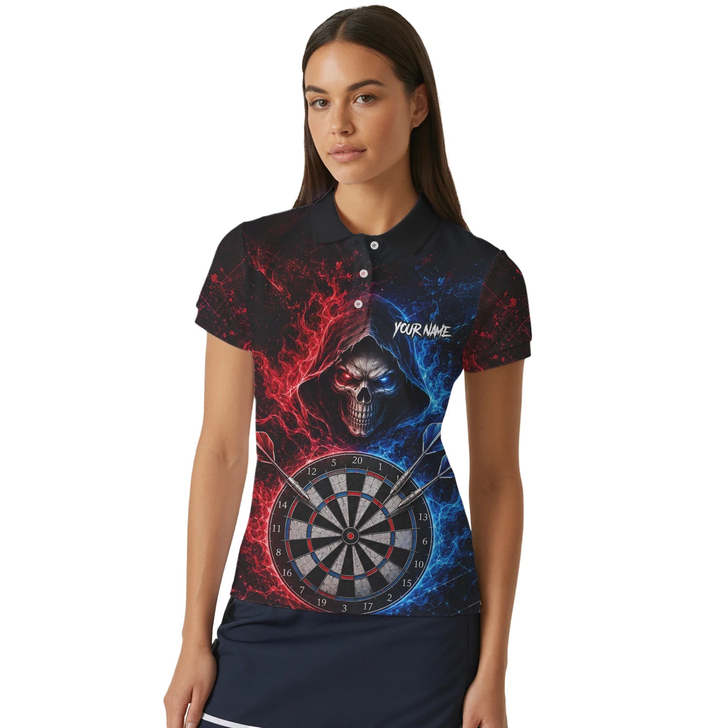Personalisiertes Rot-blaues Totenkopf Dart Poloshirt für Damen L857