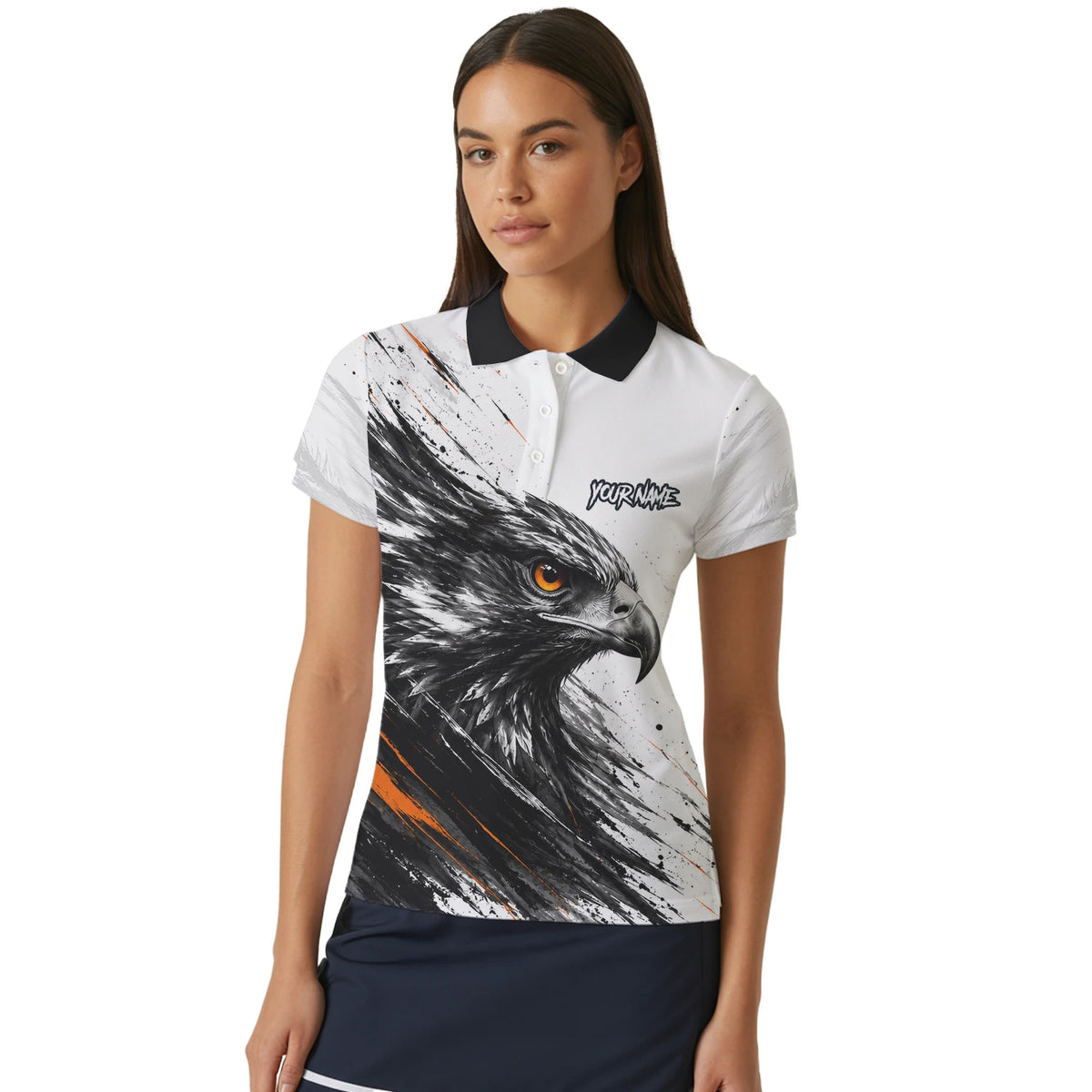 Personalisiertes Dartshirt mit weiß-schwarz-orangenem Adler für Damen V695