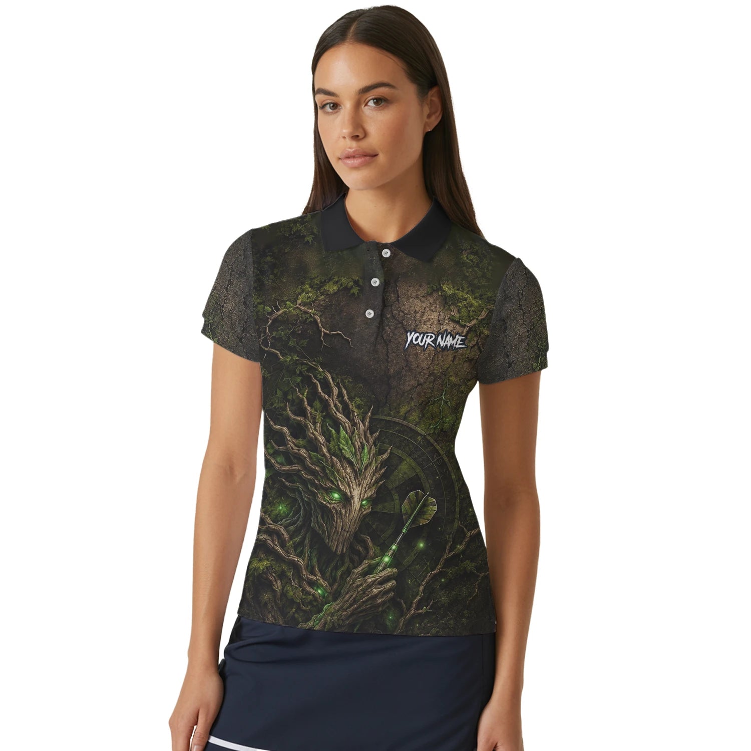 Personalisiertes Dunkelgrünes Baumwesen-Dartboard Dartshirt für Damen C913