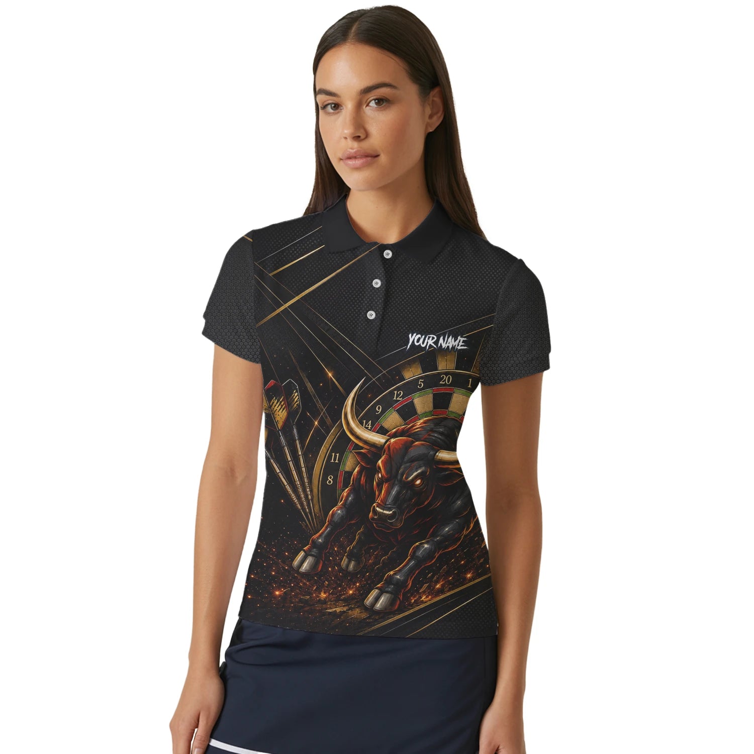 Personalisiertes Schwarz-goldenes Stier Dart Poloshirt für Damen K607