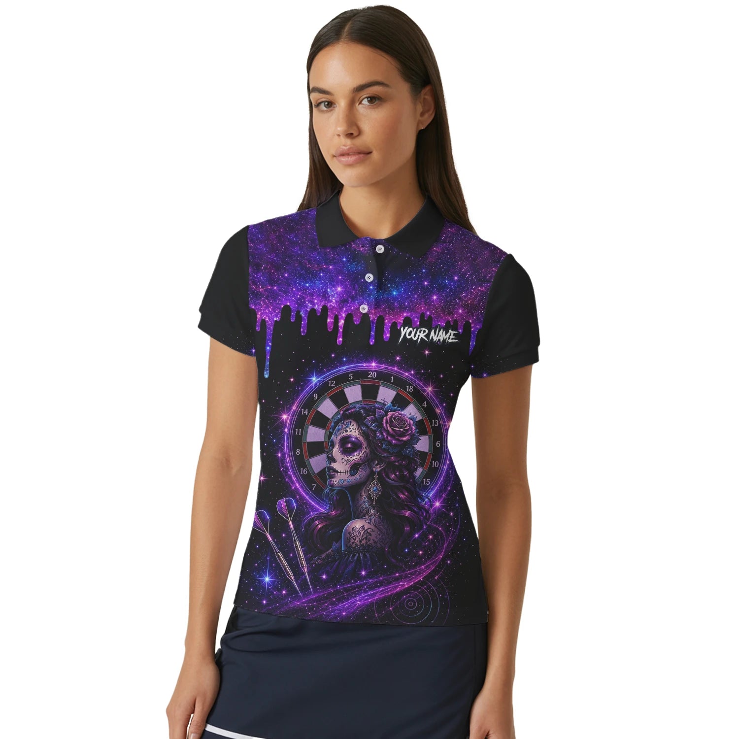Personalisiertes Lila Galaxie Sugar-Skull-Dartshirt für Damen Z967