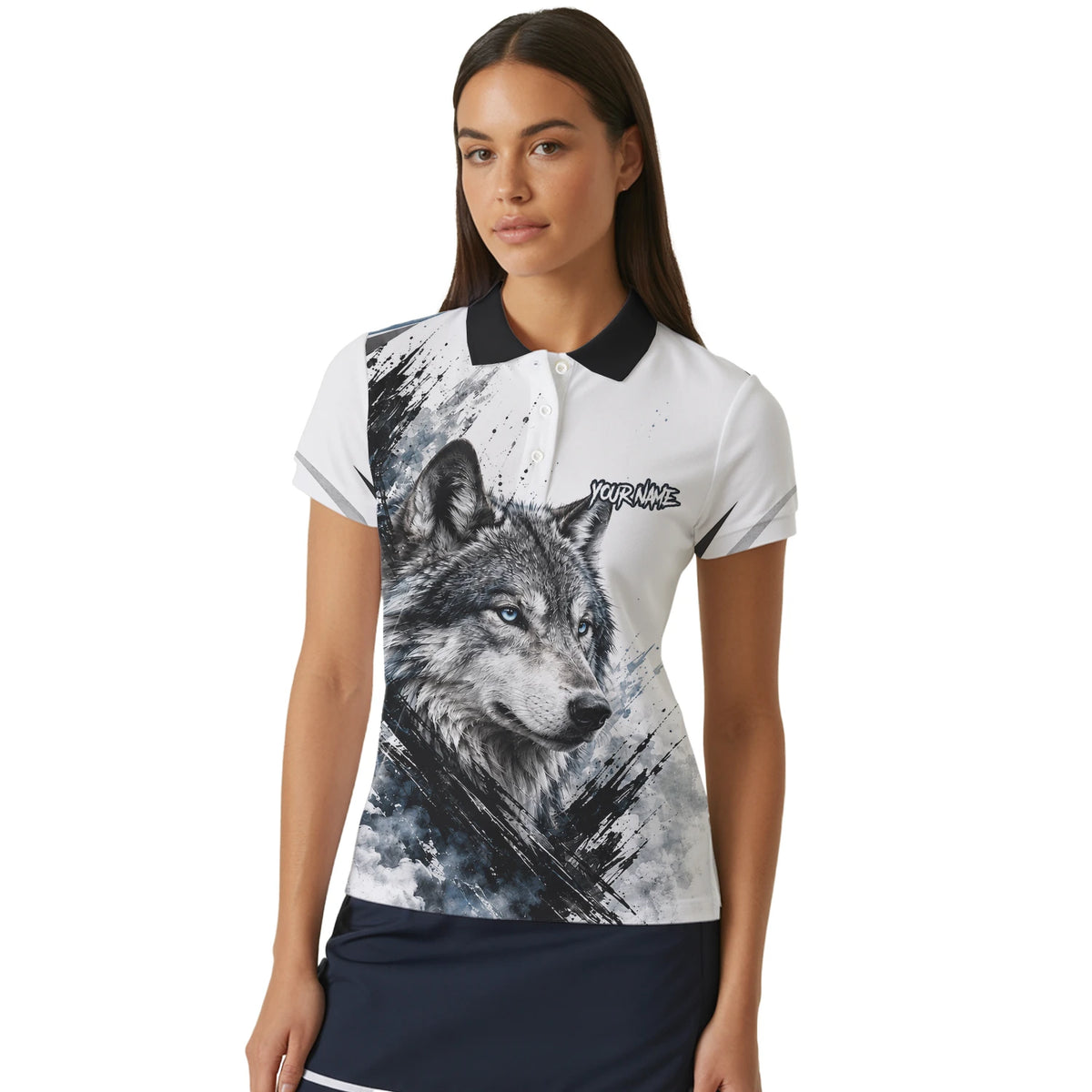 Personalisiertes Dartshirt mit weiß-schwarz-blauem Wolf für Damen P634