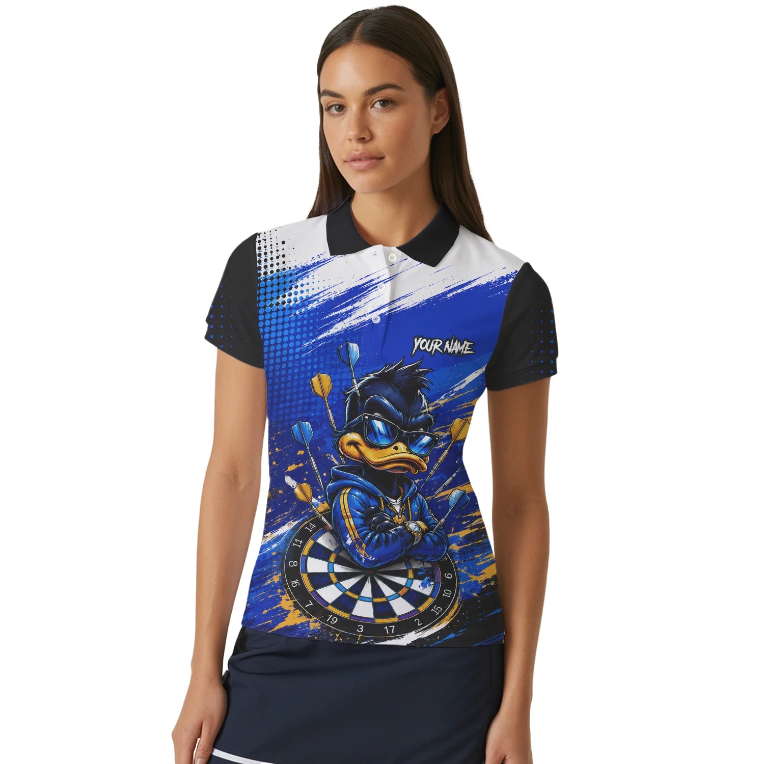 Personalisiertes Blau-goldenes Enten Dart Poloshirt für Damen L859