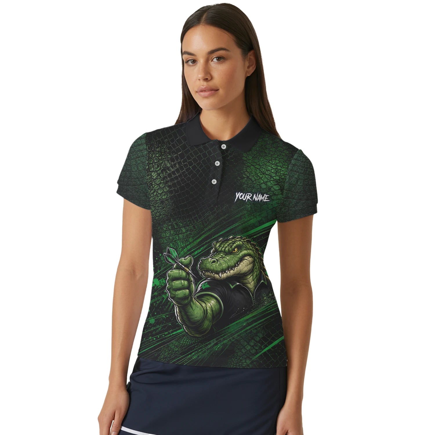 Personalisiertes Grün-schwarzes Alligator-Dartspieler-Dartshirt für Damen I987