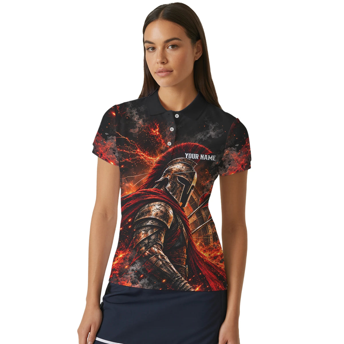 Personalisiertes Dartshirt in Schwarz, Rot und Orange mit Spartanerhelm, Flammen und Dartscheibe für Damen Z3444