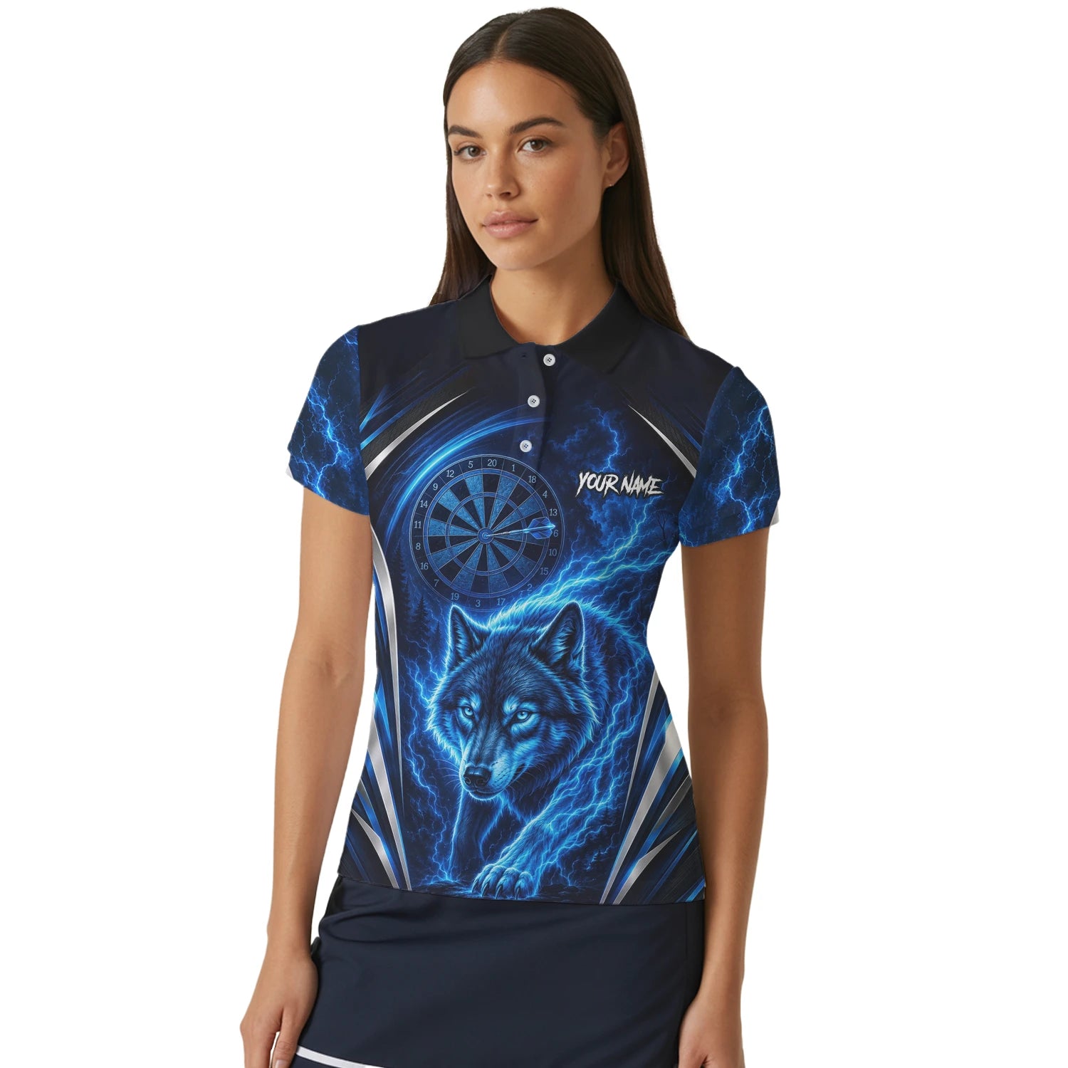 Personalisiertes Schwarz-blaues Wolf-Blitz-Dartshirt für Damen X929