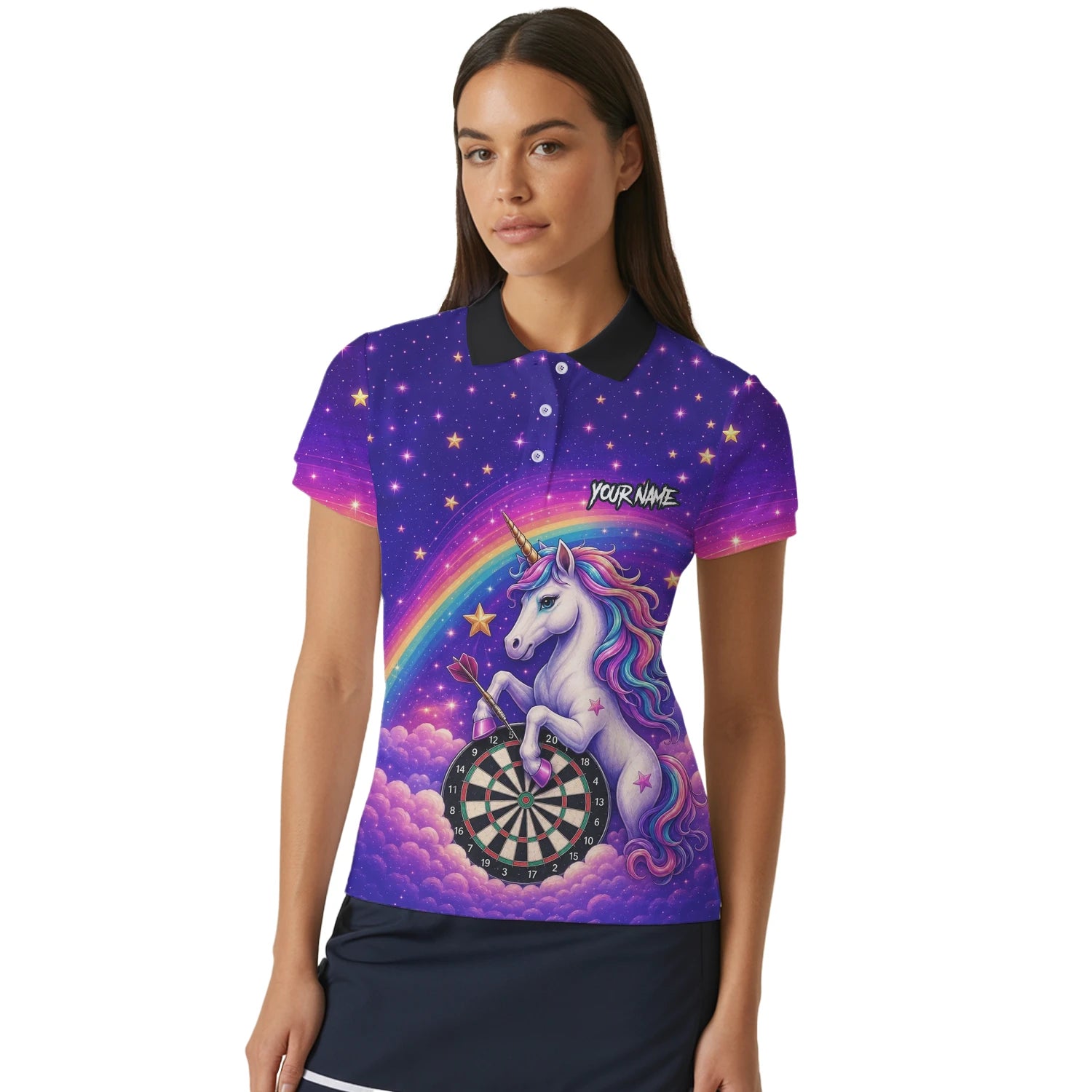 Personalisiertes Regenbogen-Einhorn Dart Poloshirt für Damen V221