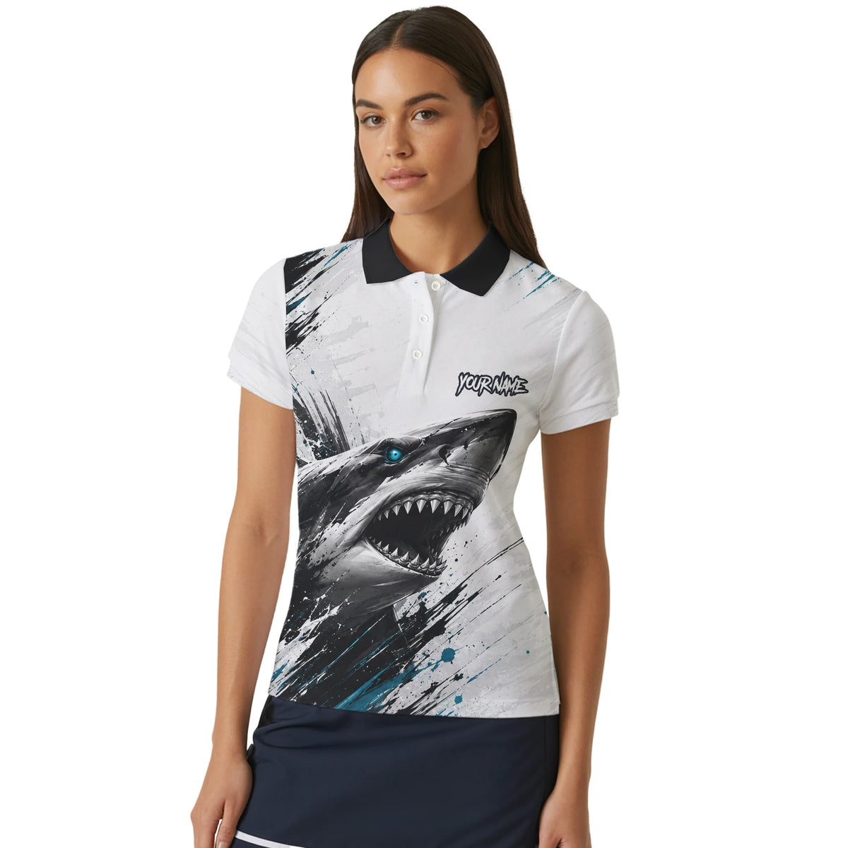 Personalisiertes Dartshirt mit weiß-schwarz-türkisem Hai für Damen D067