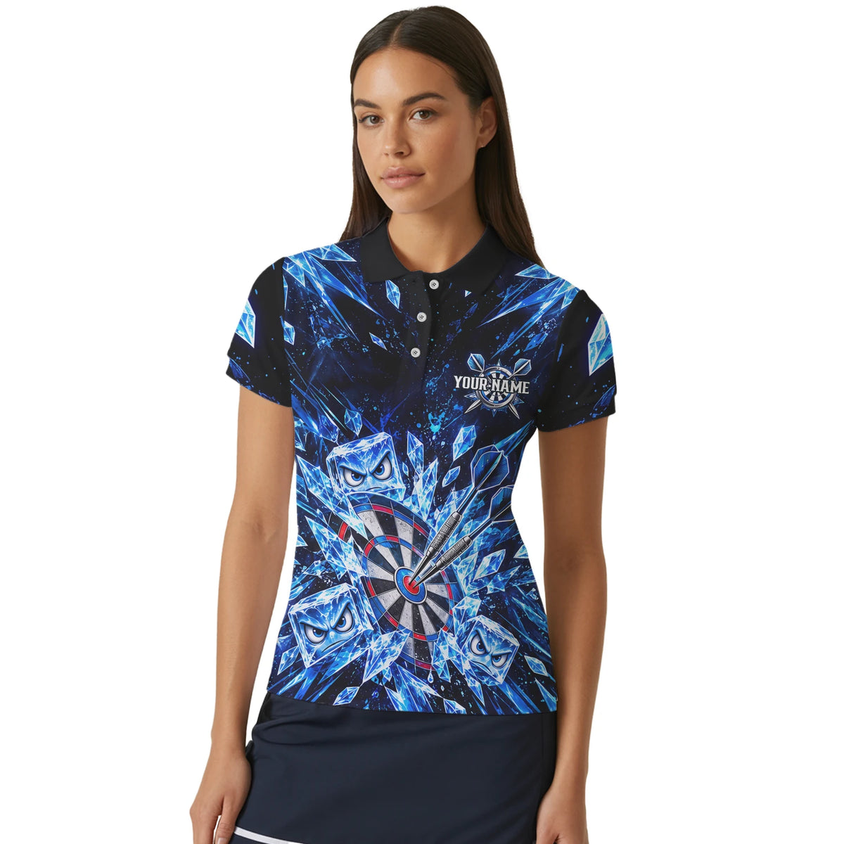 Personalisiertes Dartshirt in Schwarz und Blau mit Eiskristallen, Dartpfeilen und Dartscheibe für Damen X5114