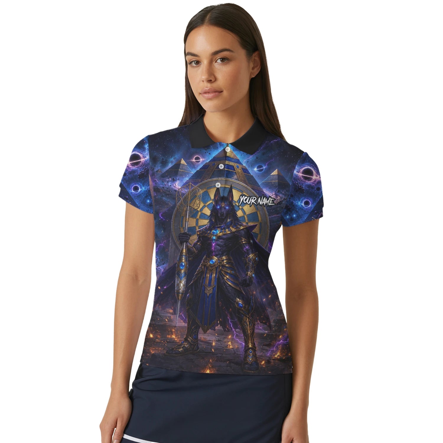 Personalisiertes Blau-gold-schwarzes Anubis-Dartshirt für Damen N118
