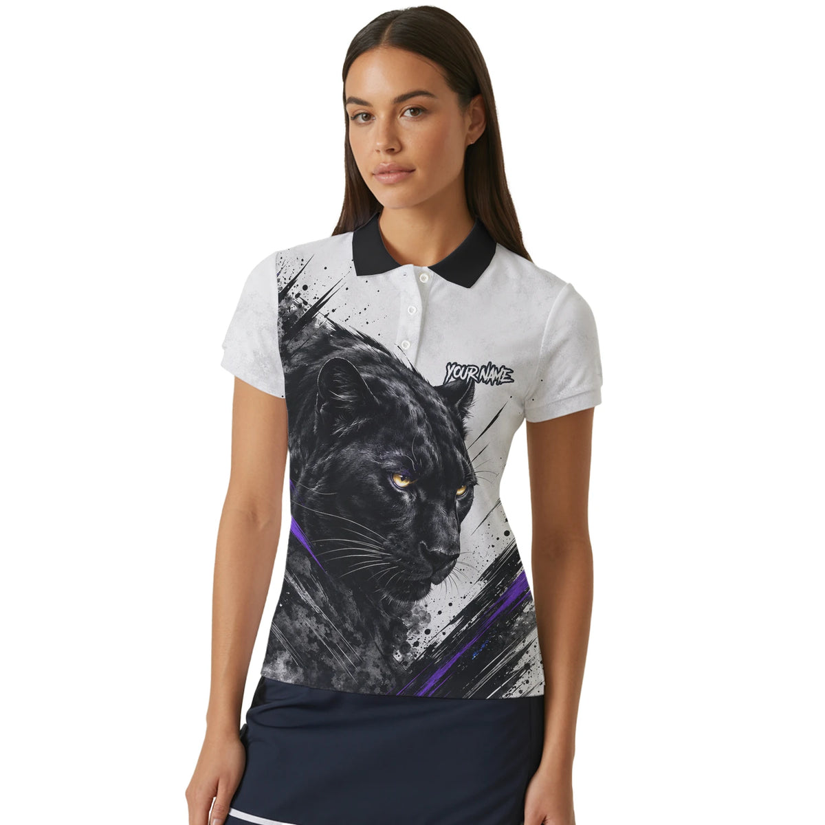 Personalisiertes Dartshirt mit weiß-schwarz-violettem Panther für Damen W442
