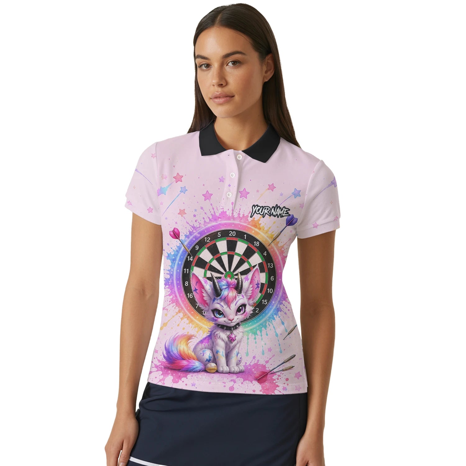 Personalisiertes Rosa Regenbogen Einhorn-Katzen-Dartshirt für Damen X398