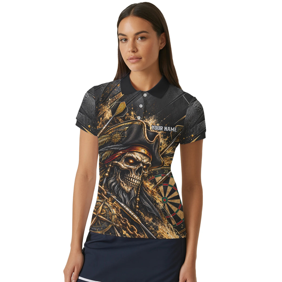 Personalisiertes Dartshirt in Schwarz und Gold mit Piraten-Totenkopf und Dartscheibe für Damen X7403