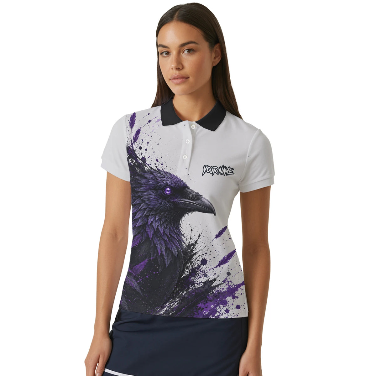 Personalisiertes Dartshirt mit weiß-schwarz-violettem Raben für Damen Z888
