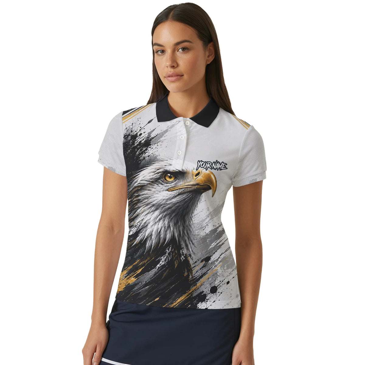 Personalisiertes Dartshirt mit weiß-schwarz-goldenem Weißkopfseeadler für Damen S805