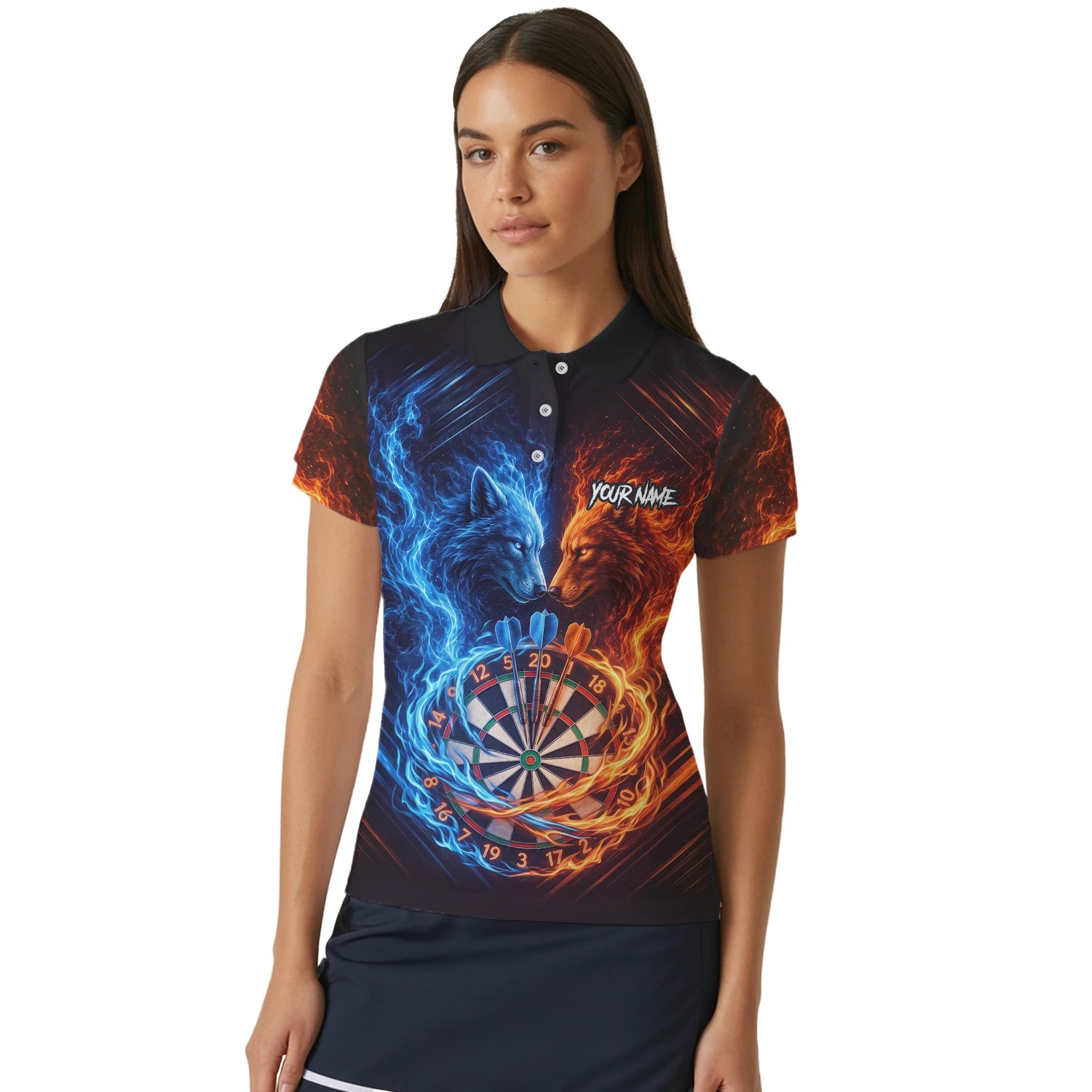 Personalisiertes Blau-oranges Wolf-Flammen-Dartboard Dartshirt für Damen A749