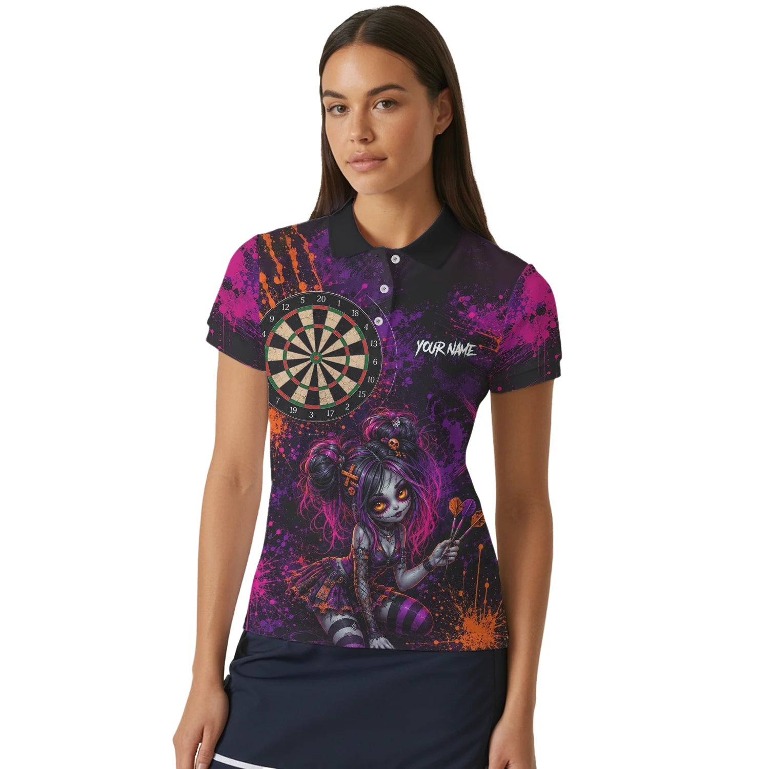 Personalisiertes Schwarz-lila-pink-oranges Gothic-Dartshirt für Damen Z641