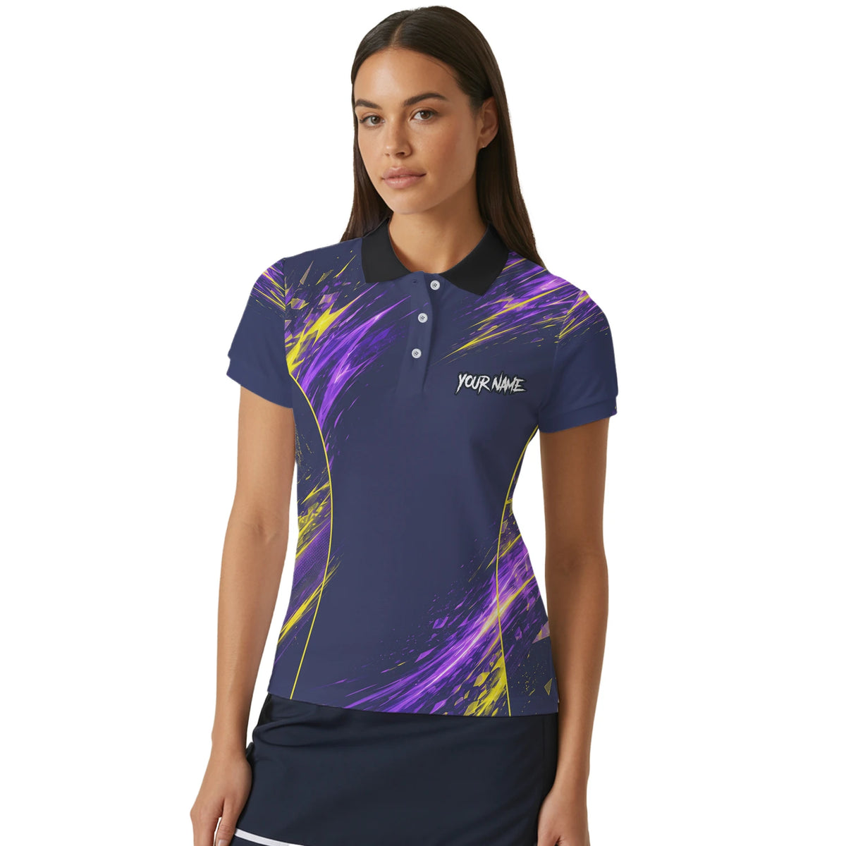 Personalisiertes Dartshirt mit dunkelblau-lila-gelbem abstraktem Design für Damen D517