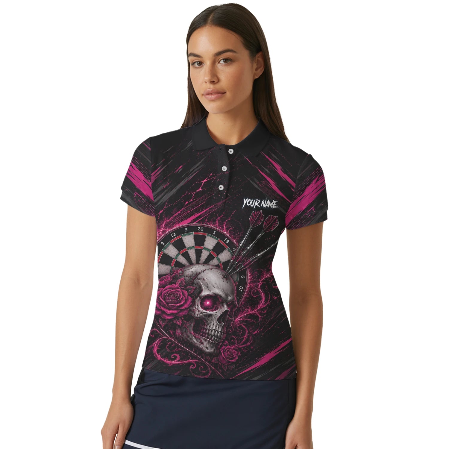 Personalisiertes Schwarz-pink Totenkopf-und-Rosen-Dartshirt für Damen V308