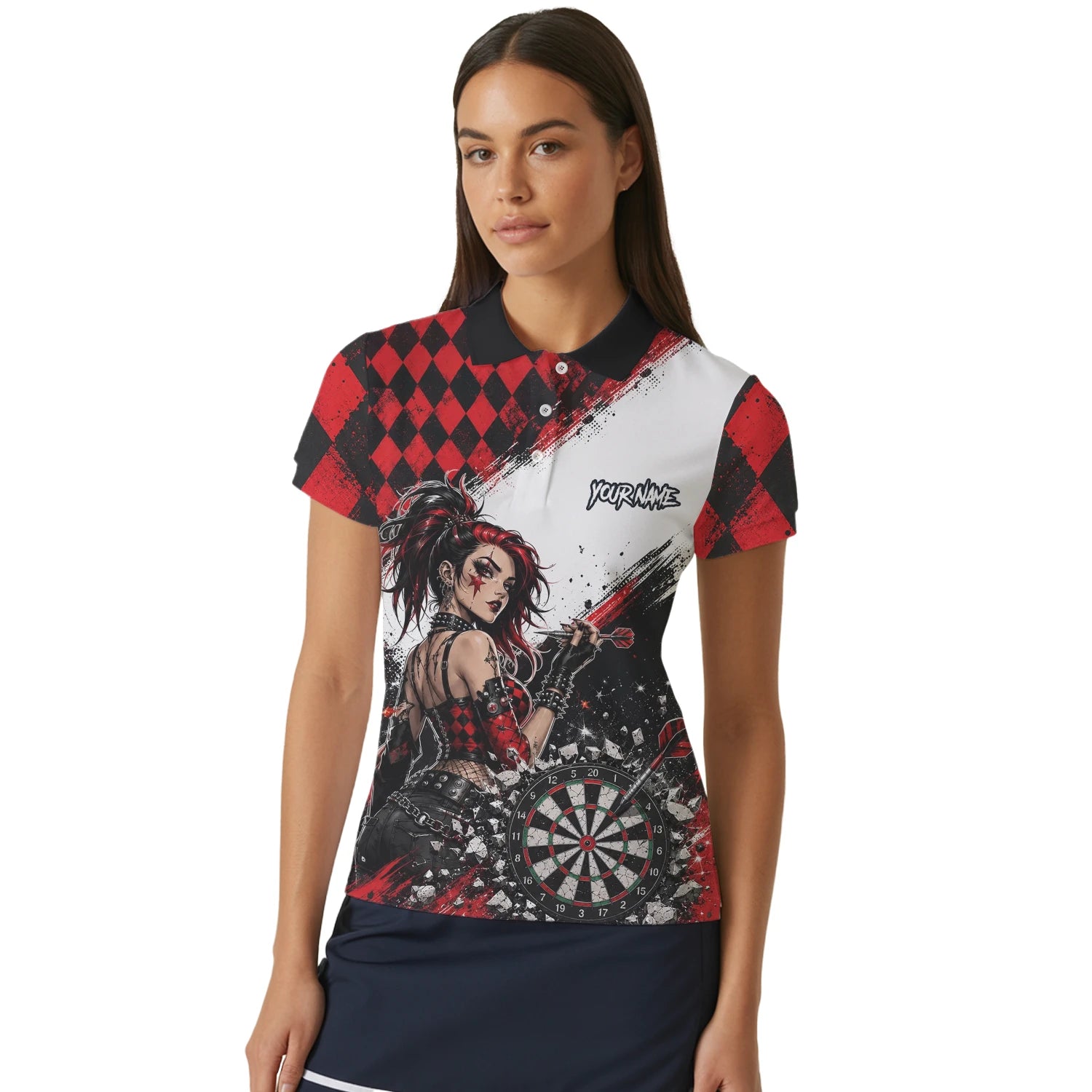 Personalisiertes Rot-schwarzes Gothic-Harlekin Dart Poloshirt für Damen K572