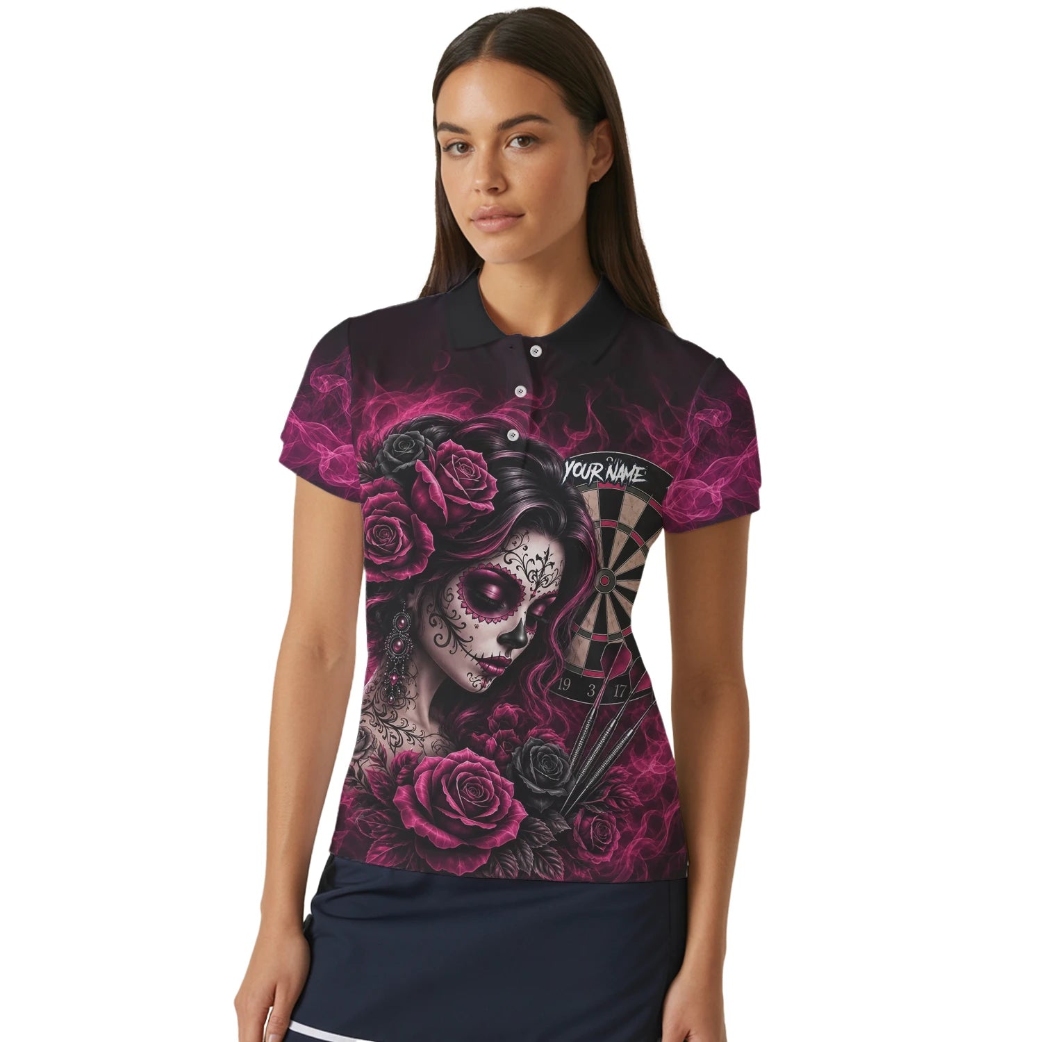 Personalisiertes Schwarz-pink Sugar-Skull-Rosen-Dartshirt für Damen Z109