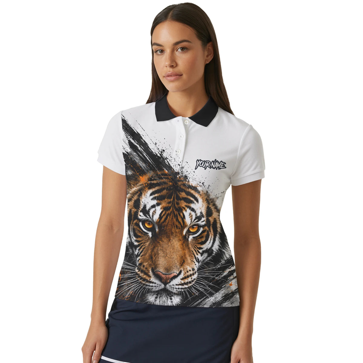 Personalisiertes Dartshirt mit weiß-schwarz-orangenem Tiger für Damen N832