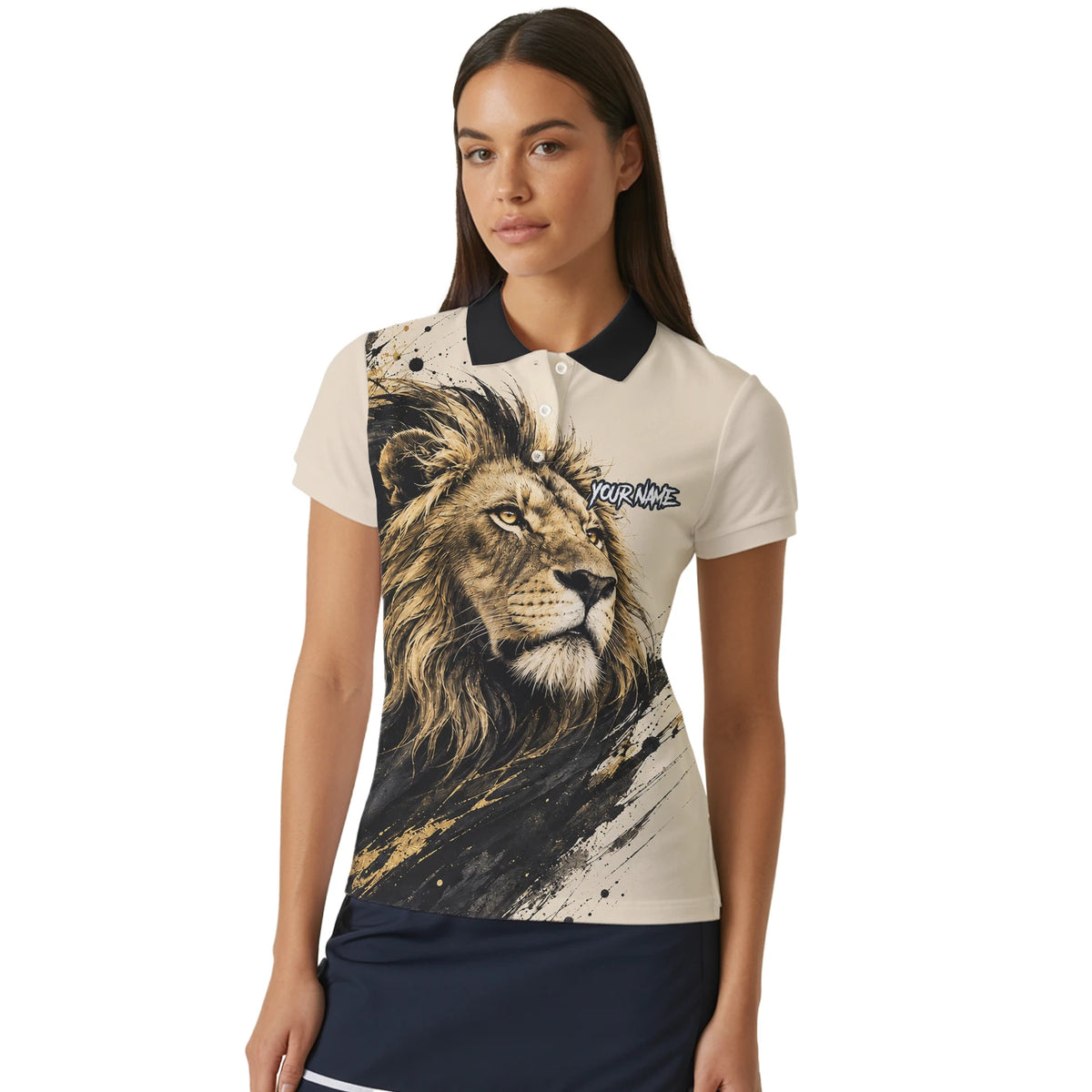 Personalisiertes Dartshirt mit creme-schwarz-goldenem Löwen für Damen Q209