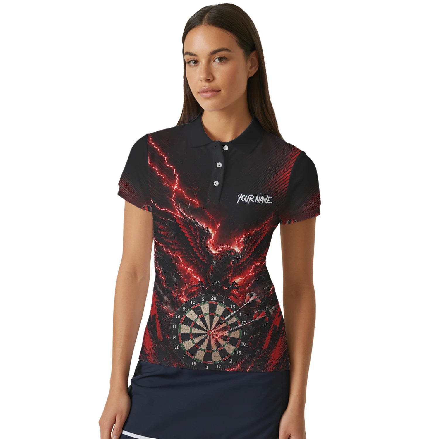Personalisiertes Schwarz-rotes Phönix-Blitz-Dartboard Dartshirt für Damen J120