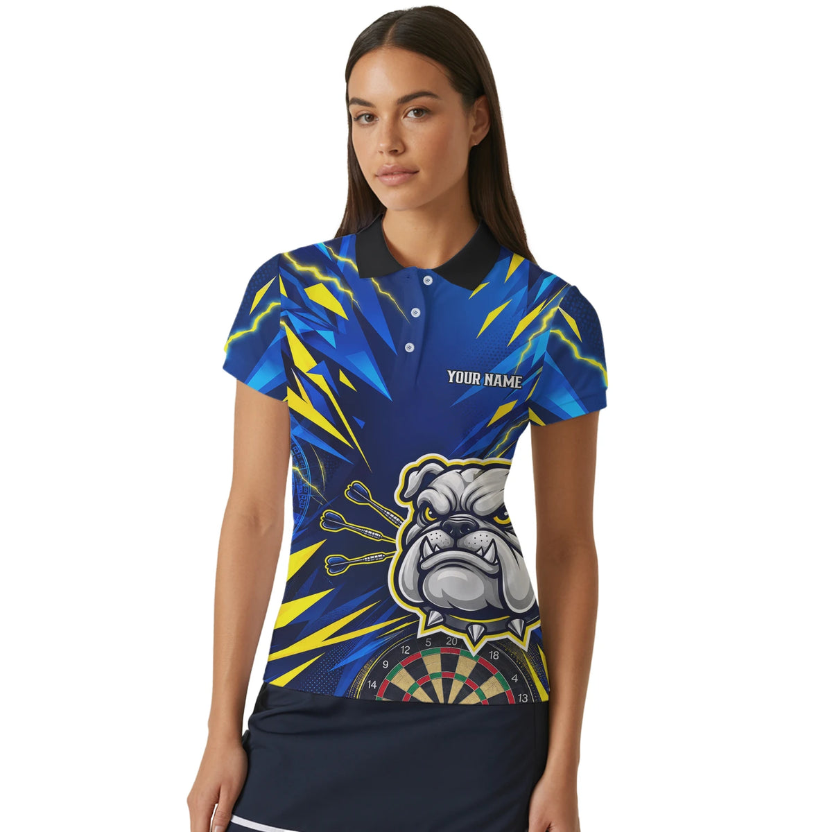 Personalisiertes Dartshirt in Blau und Gelb mit Bulldogge, Blitzen und Dartscheibe für Damen H1141