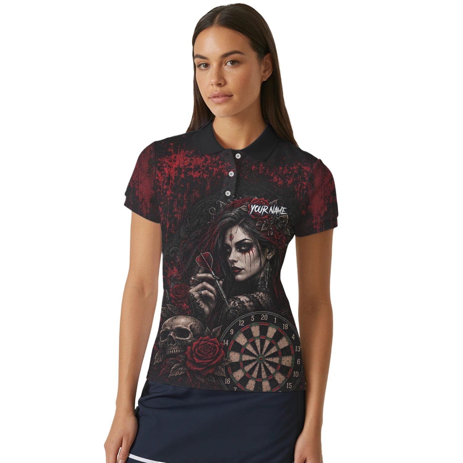 Personalisiertes Schwarz-rotes Gothic-Frauen-Totenkopf-Dartshirt für Damen W035