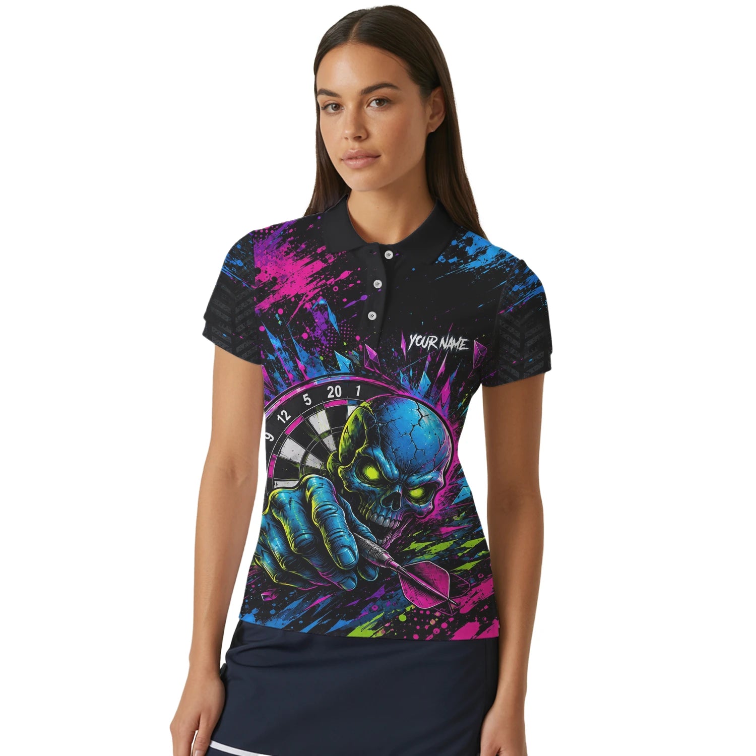Personalisiertes Neonfarbenes Totenkopf-Dartboard Dartshirt für Damen S232