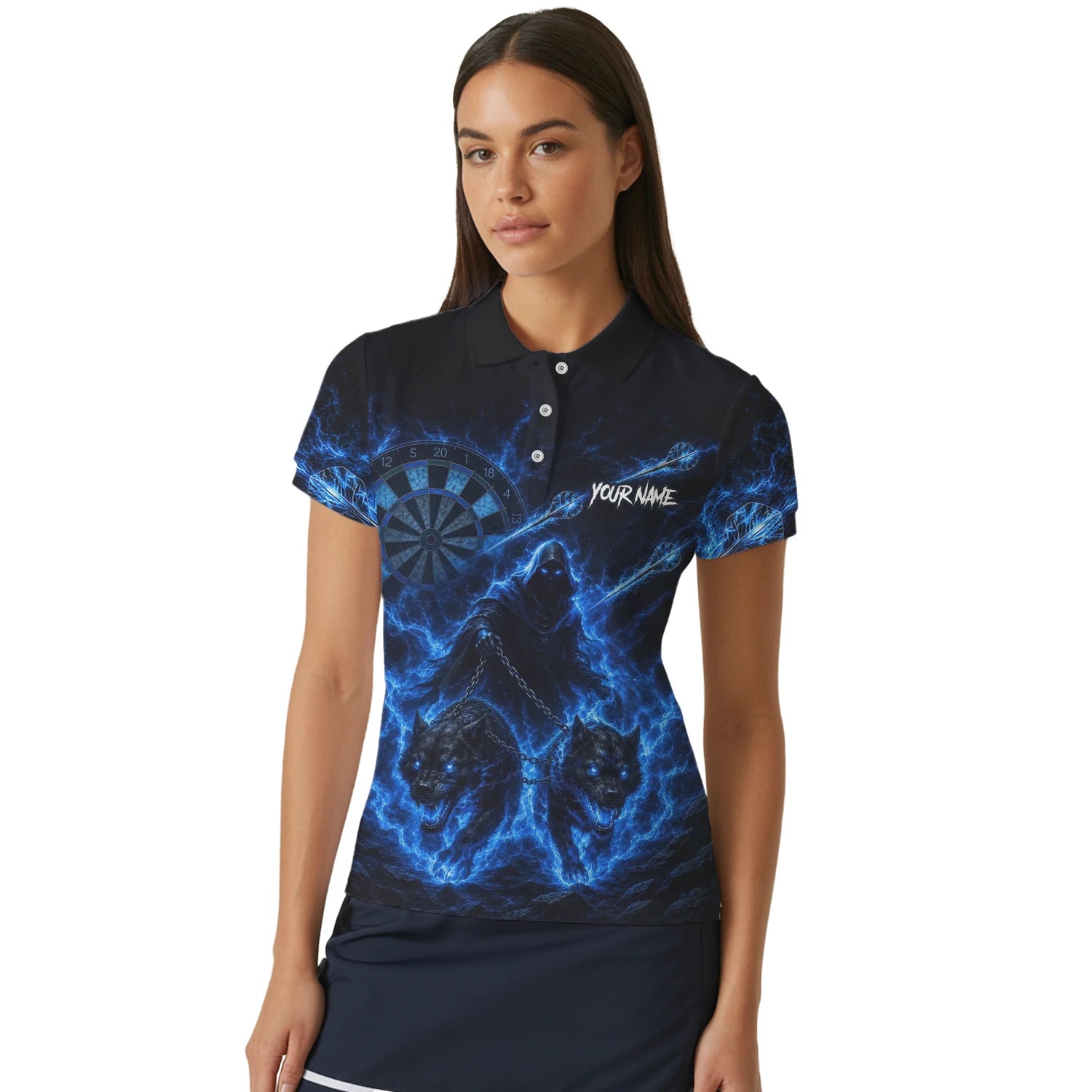 Personalisiertes Schwarz-blaues Sensenmann-und-Wölfe-Dartshirt für Damen X871