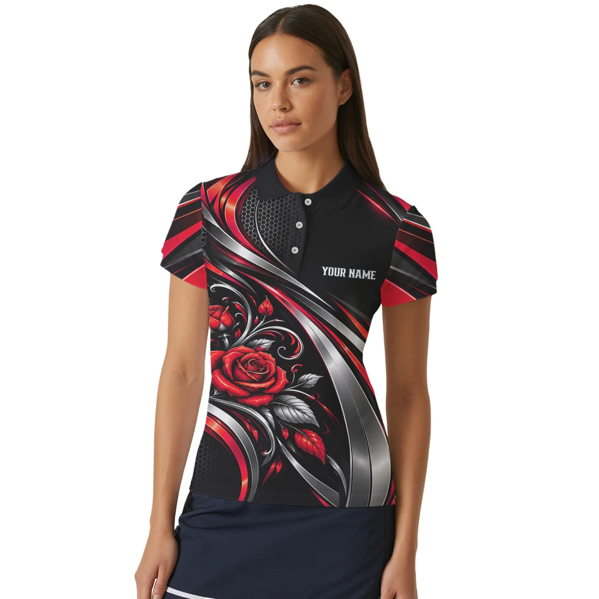 Personalisiertes Dartshirt in Schwarz, Rot und Silber mit Rosen, Flügeln und Dartscheibe für Damen Y2535