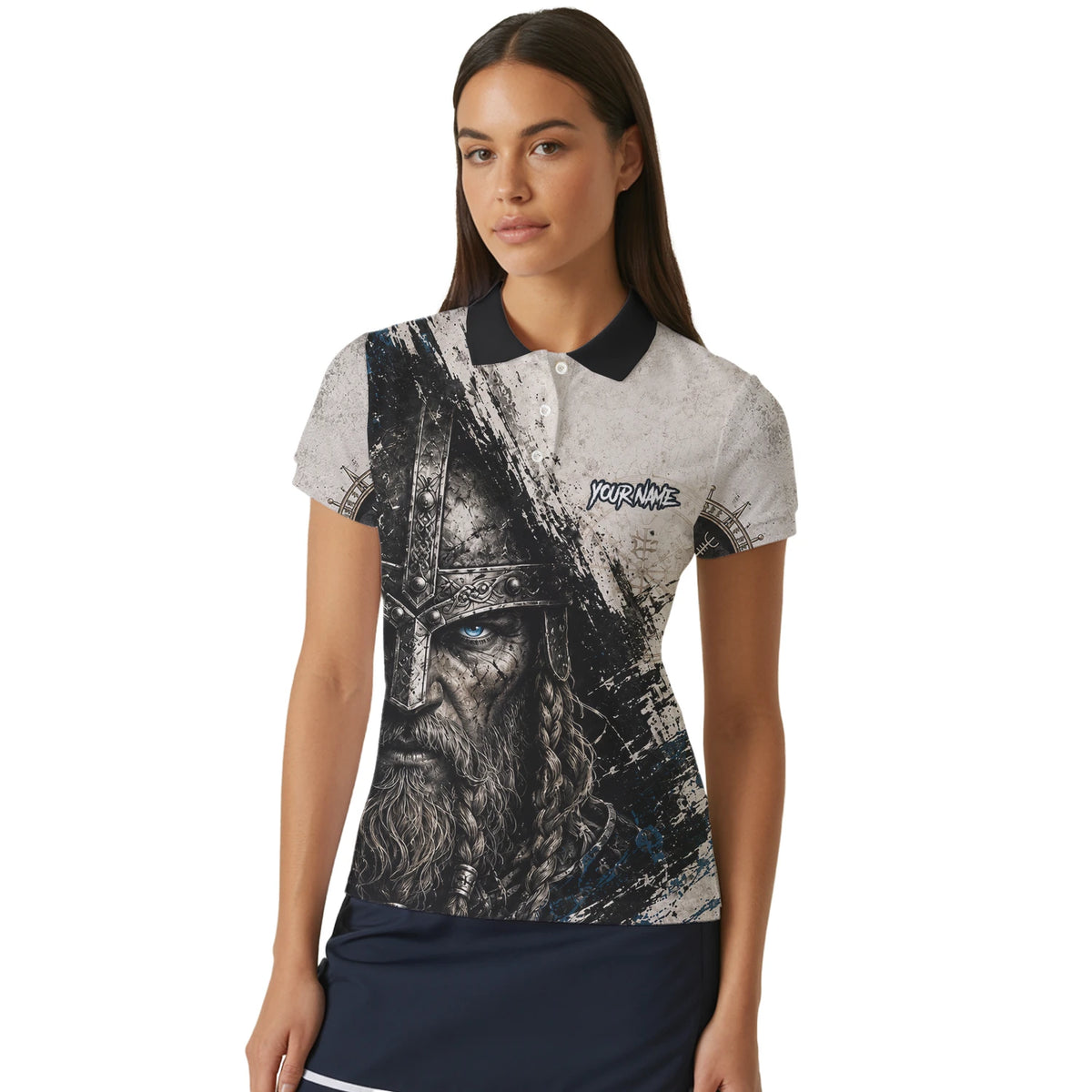 Personalisiertes Dartshirt mit weiß-schwarz-blauem Wikinger für Damen U843