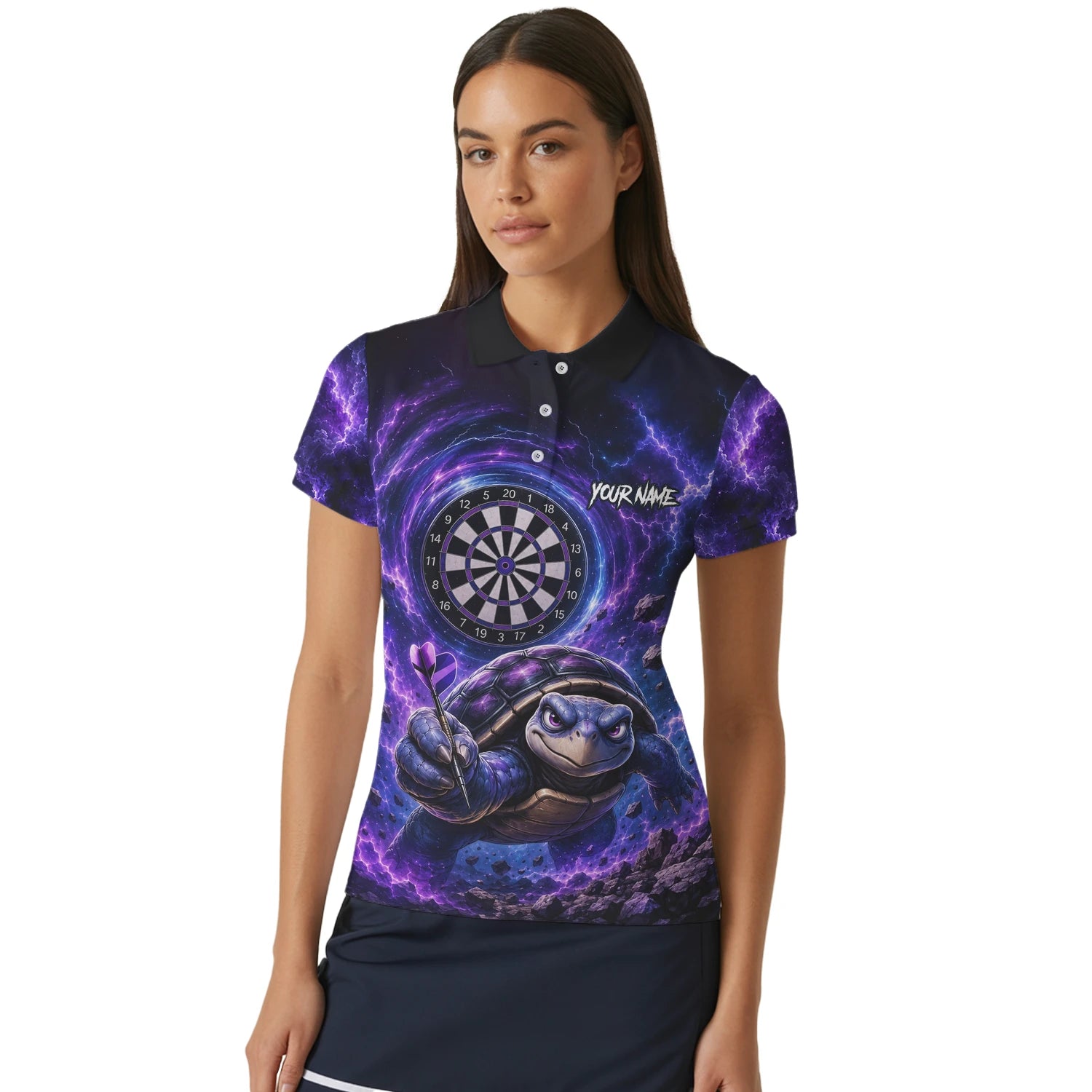 Personalisiertes Lila-schwarzes Schildkröten-Dartshirt für Damen F796