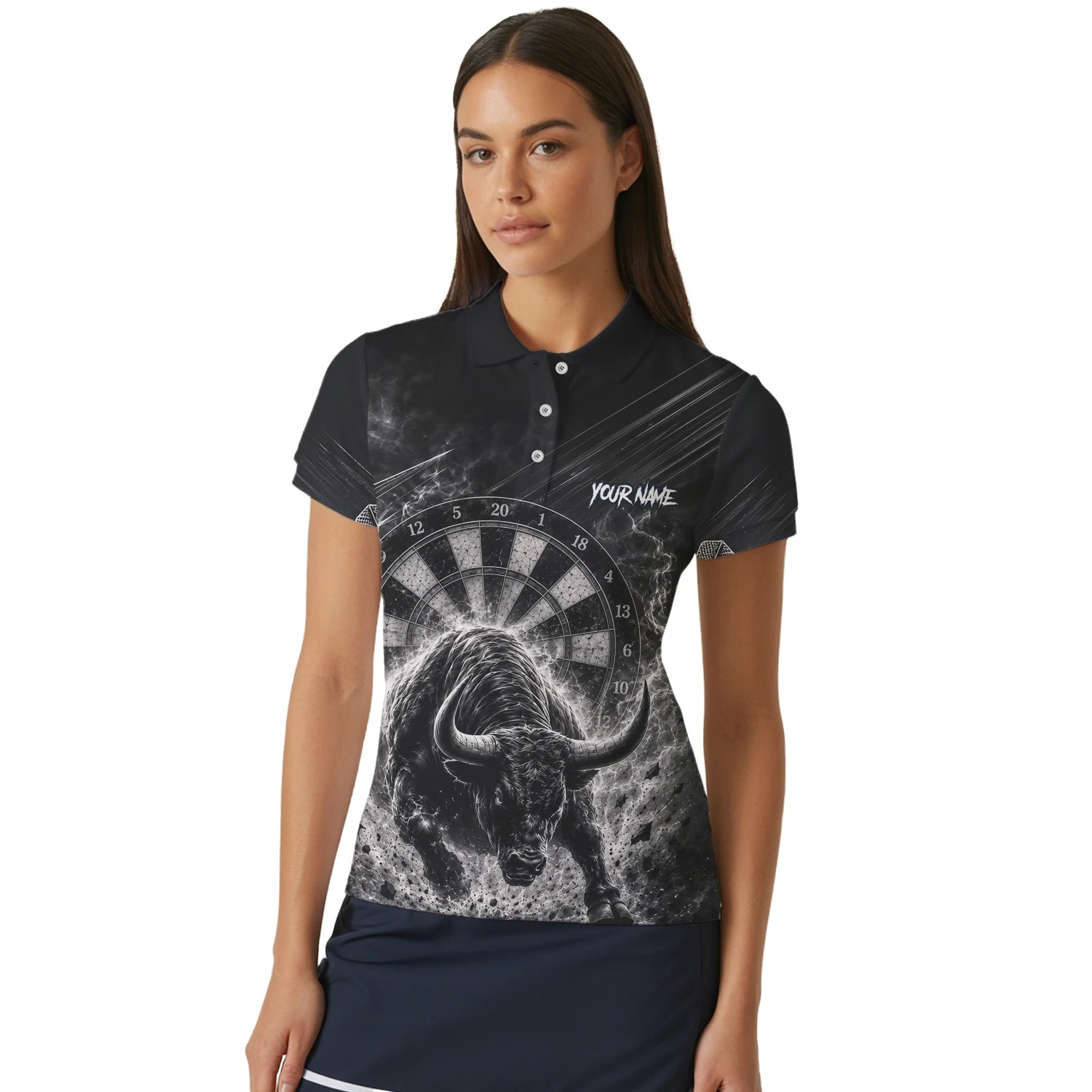 Personalisiertes Schwarz-weißes Stierkopf-Dartshirt für Damen V420