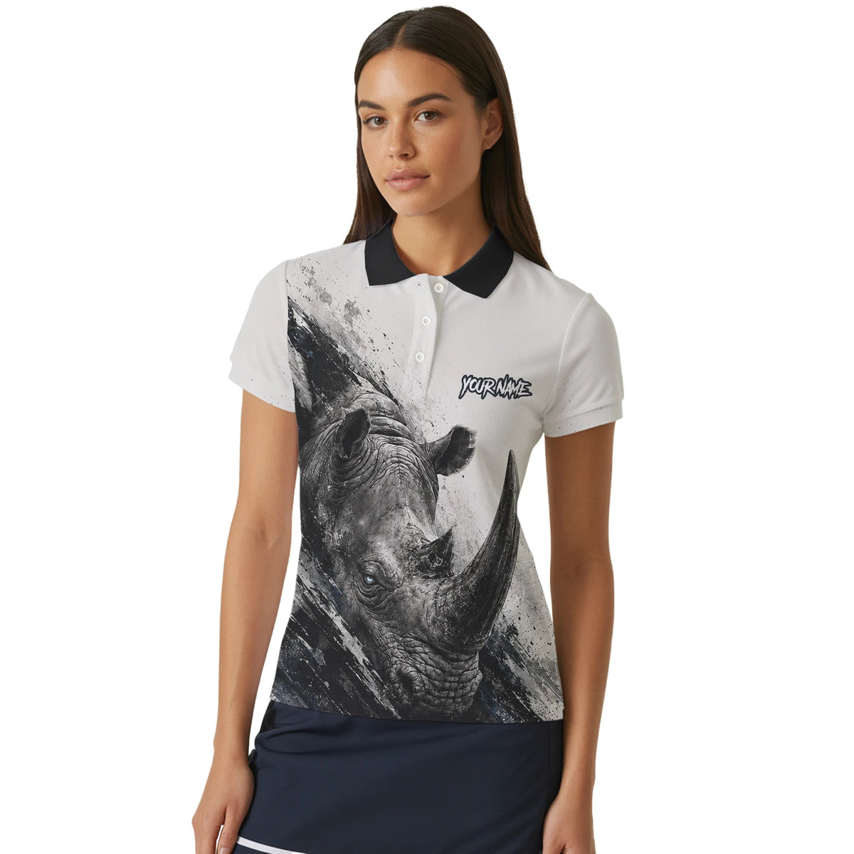 Personalisiertes Dartshirt mit weiß-schwarz-grauem Nashorn für Damen C312