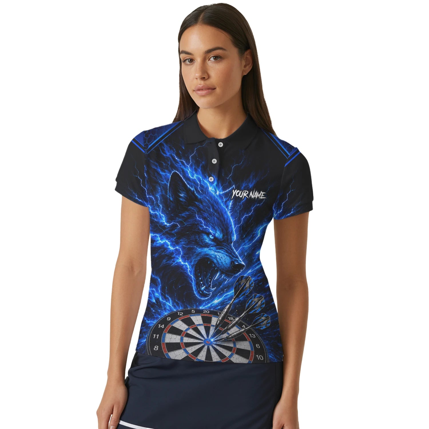 Personalisiertes Schwarz-blaues Wolf-Blitz-Dartshirt für Damen Y375