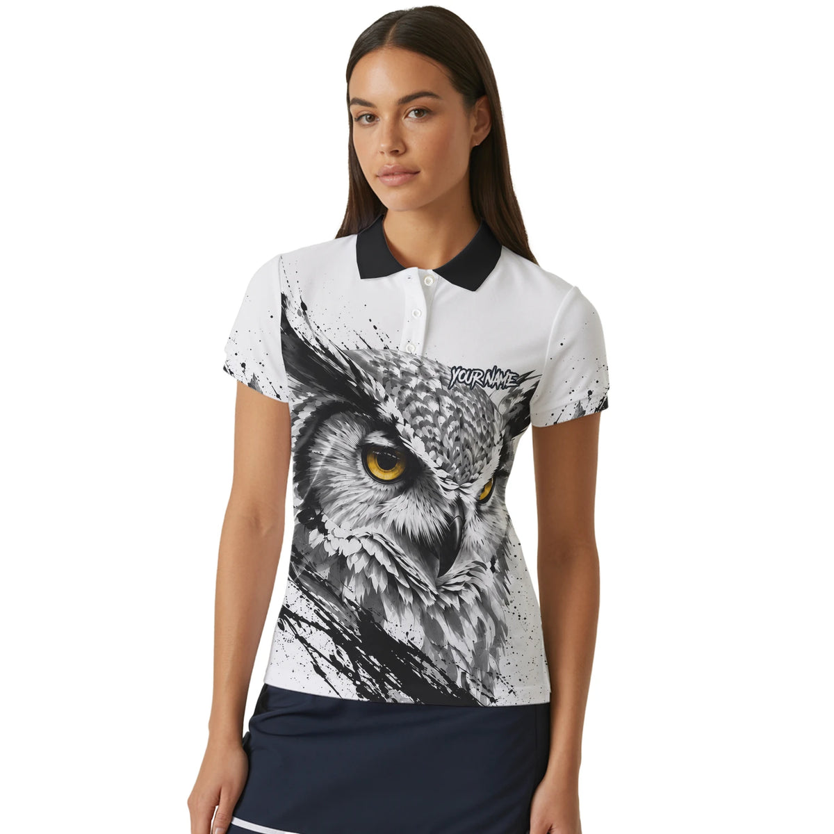 Personalisiertes Dartshirt mit weiß-schwarz-gelber Eule für Damen P128
