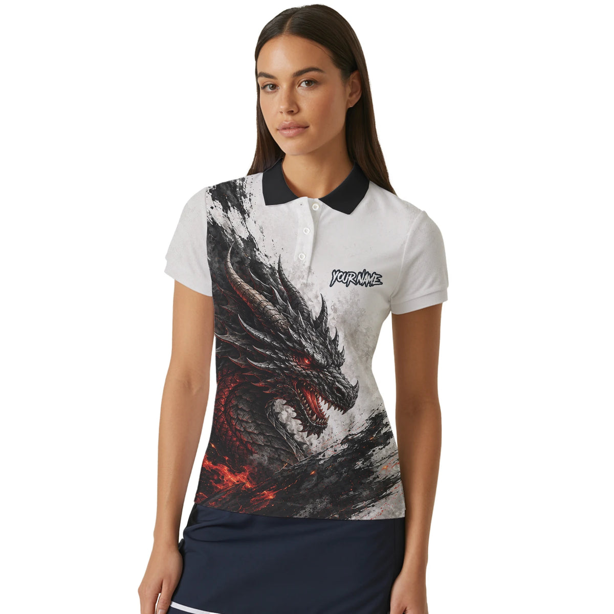 Personalisiertes Dartshirt mit weiß-schwarz-rotem Drachen für Damen Z061